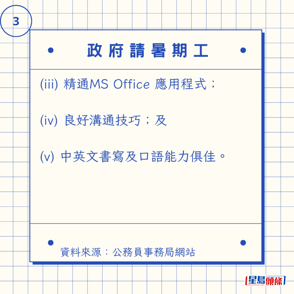 (iii) 精通MS Office 應用程式; (iv) 良好溝通技巧;及 (v) 中英文書寫及口語能力俱佳。 (iii) 精通MS Office 應用程式; (iv) 良好溝通技巧;及 (v) 中英文書寫及口語能力俱佳。