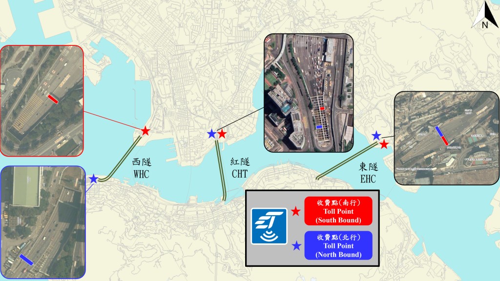 图中显示三条过海隧道收费点的位置。