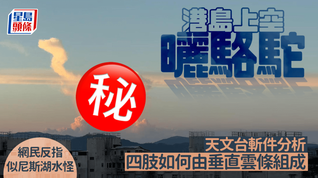 港島上空曬「駱駝」 天文台斬件分析四肢如何由垂直雲條組成 網民反指似尼斯湖水怪。fb「香港天文台 HKO」截圖(攝:Magdalene Lo / 2025年9月12日 / 港 島/ #CWOS)#社區天氣觀測計劃 #度天賞雲 #CumulusCloud V