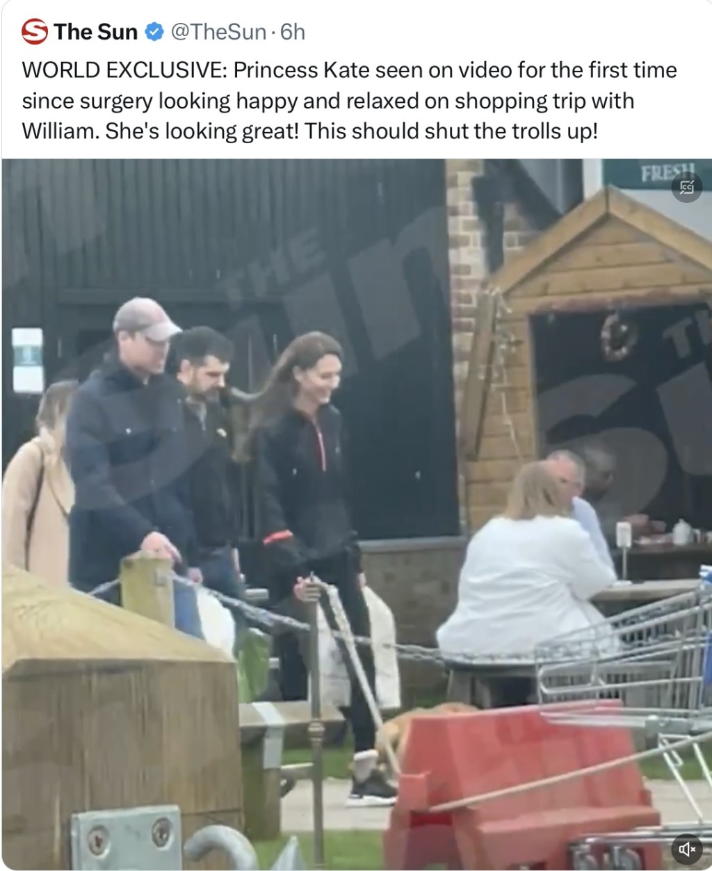 太陽報公開凱特「術後首次露面」逛農場商店的影片，引發熱議。 