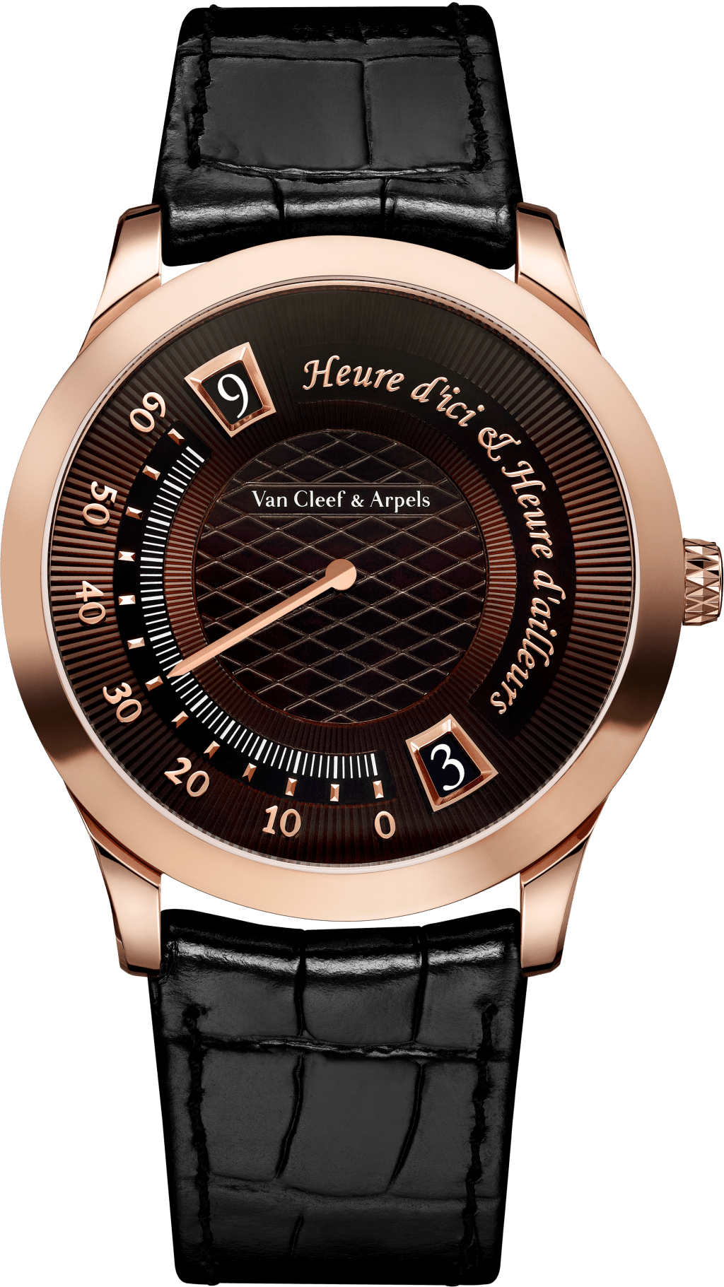Van Cleef & Arpels Midnight Heure d'ici & Heure d'ailleurs / 錶殼:38mm玫瑰金 / 機芯:自動 / 售價:待詢。 Van Cleef & Arpels Midnight Heure d'ici & Heure d'ailleurs / 錶殼:38mm玫瑰金 / 機芯:自動 / 售價:待詢。