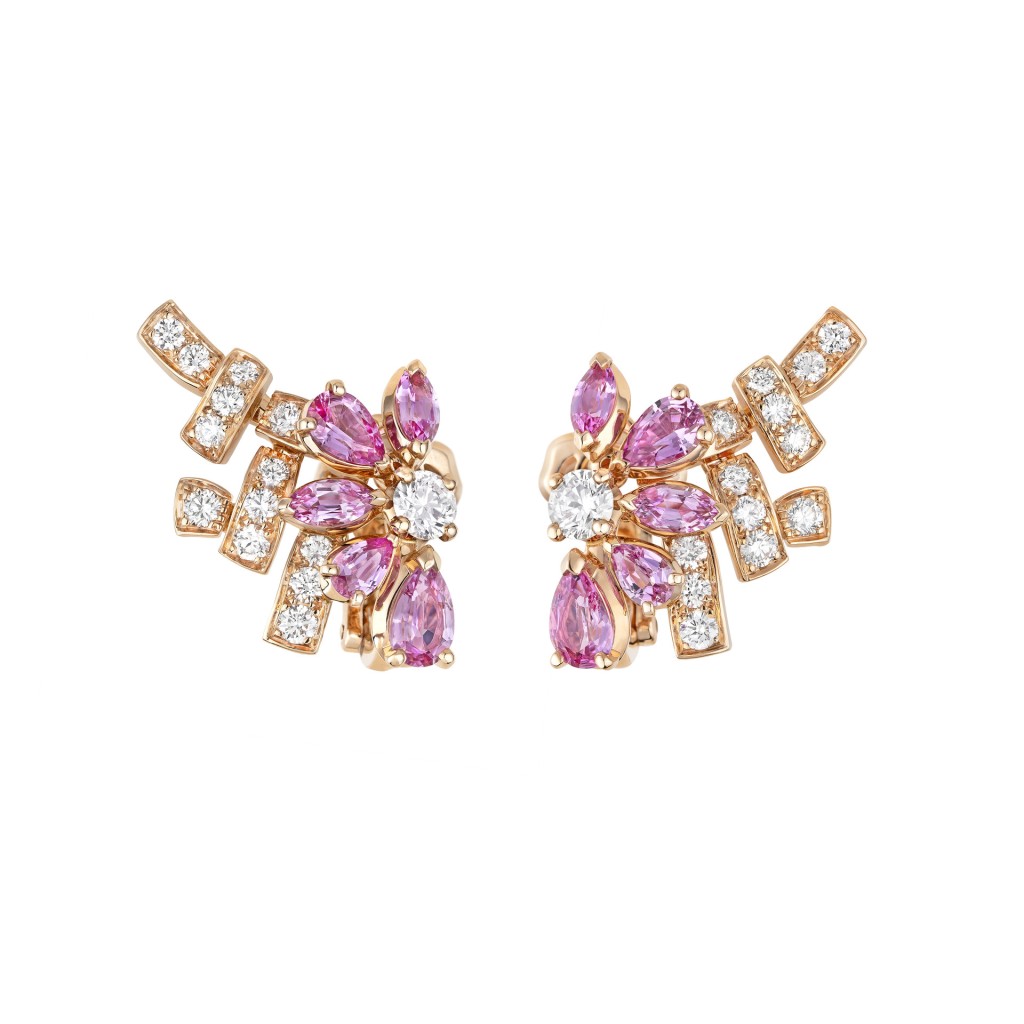 Tweed Poudré粉紅金耳環，鑲嵌鑽石及粉紅藍寶石。