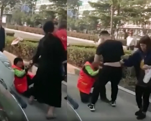 小孩隨地大便被阻,該對夫婦當街毆打清潔工姚香。(網圖)
