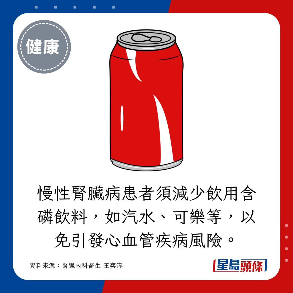 慢性肾脏病患者须减少饮用含磷饮料，如汽水、可乐等，以免引发心血管疾病风险。