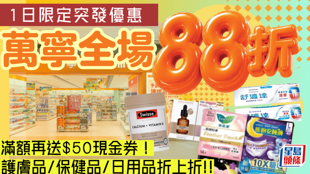 萬寧全場88折！1日限定快閃優惠 無門檻折上折再賺$50現金券