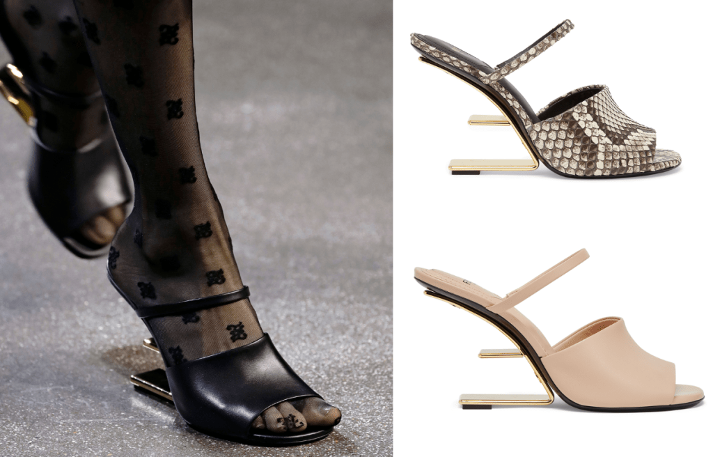 全新的涼鞋重塑2000年春夏首度面世的懸浮式鞋跟，結合倒轉品牌名字Fendi的「F」英文字設計，用上金色金屬的鞋跟，破格時尚。左/$11,200、右上/售價待定、右下/$11,200。