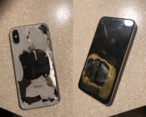 相中可見機背玻璃碎裂，正面屏幕有燒焦痕跡。網圖