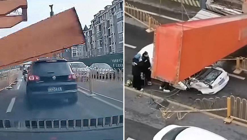 武漢地鐵工地龍門吊倒塌，砸中車致傷亡。 