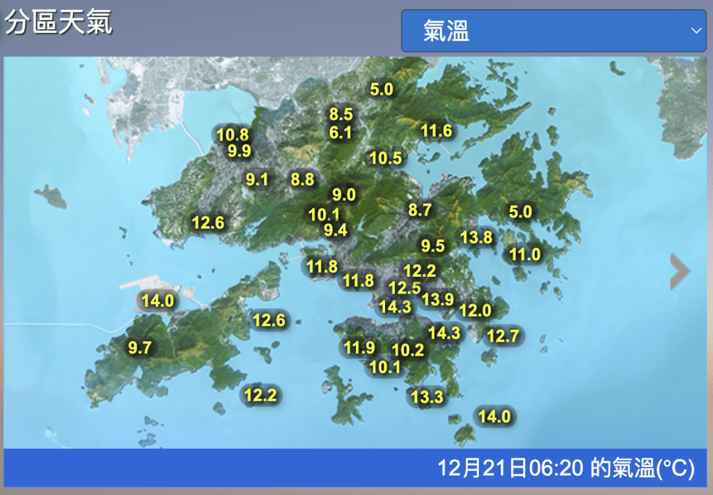 本港今早多處地區氣溫下降至12度或以下，打鼓嶺更低見5度低溫。天文台網頁截圖