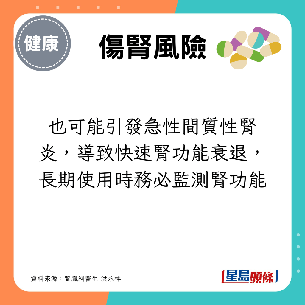 也可能引发急性间质性肾炎，导致快速肾功能衰退，长期使用时务必监测肾功能