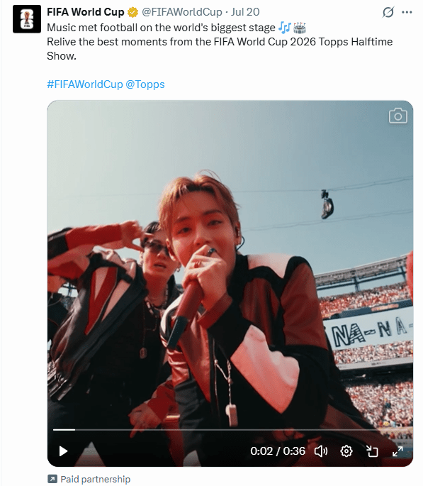 FIFA於Twitter（X）上載表演影片，BTS只得一個鏡頭。