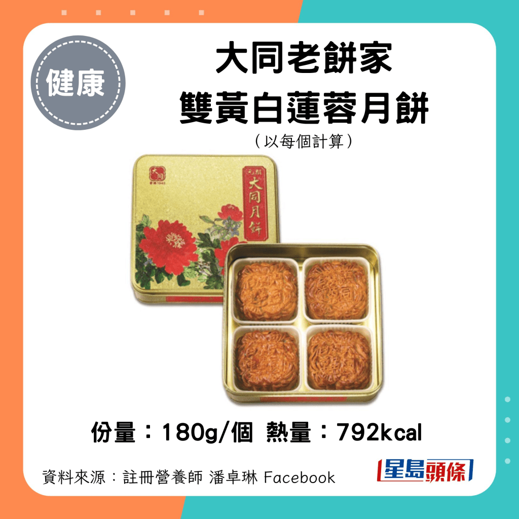 中秋月餅卡路里｜大同老餅家雙黃白蓮蓉月餅（180g/個）792kcal