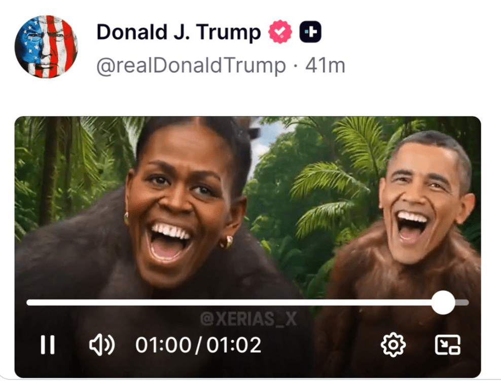 該段62秒的影片主要內容為指控2020年大選投票機存在舞弊，但在影片結尾約60秒處，竟出現兩隻靈長類動物，臉部則被合成奧巴馬夫婦的笑容。
