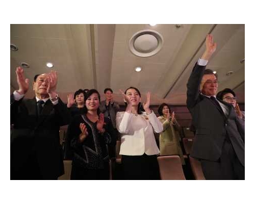 金與正(白衫者)率領高層代表團訪問南韓,完成歷史使命。AP