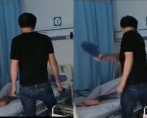 安徽一名男子以拖鞋狂打病父。 影片截圖