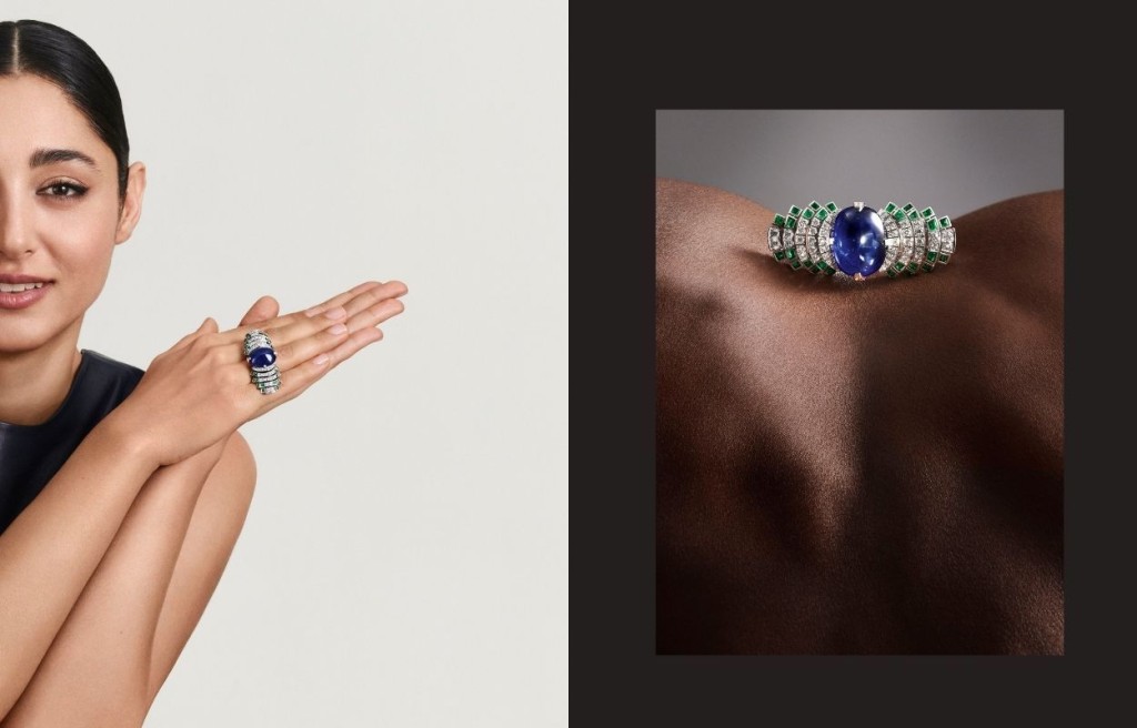 Parhelia鉑金鑽石指環，以藍寶石、祖母綠及黑漆組成品牌標誌性的「孔雀尾羽」色彩，重21.51卡藍寶石主石兩邊向外延伸的弧形綫條，佩戴在手指上，呈現獨特效果。