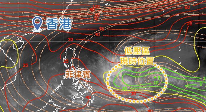 圖三：低壓區現時（4月9日）所在的菲律賓以東海域的垂直風切變較低（綠色範圍），有利熱帶氣旋發展；而南海的垂直風切變較高（紅色範圍），不利熱帶氣旋發展。（資料來源：CIMSS）天文台圖片