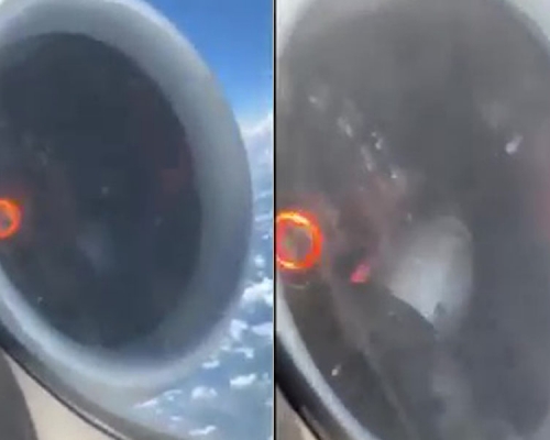 一个引擎的整流锥竟然脱落，在引擎内不断滚动，更不时冒出火光。（网图）