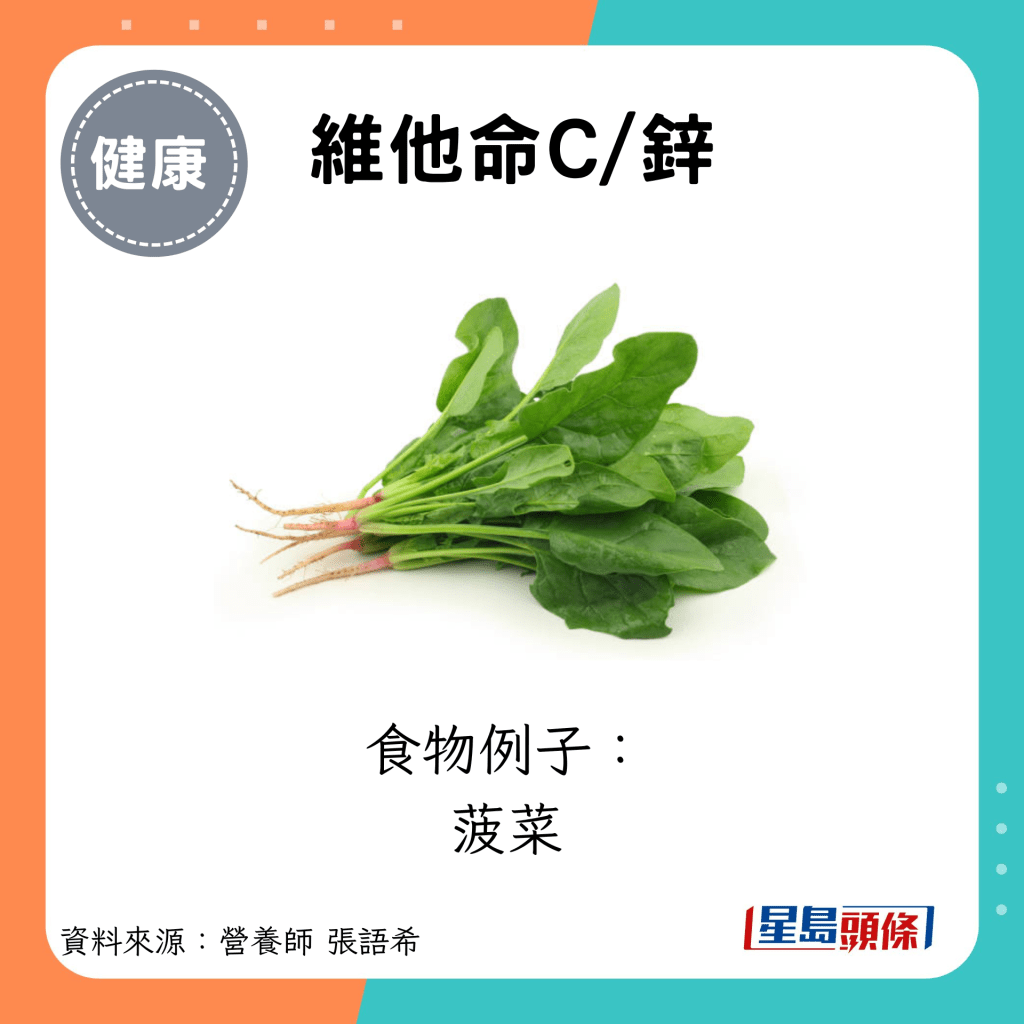 维他命C/锌：食物例子： 菠菜