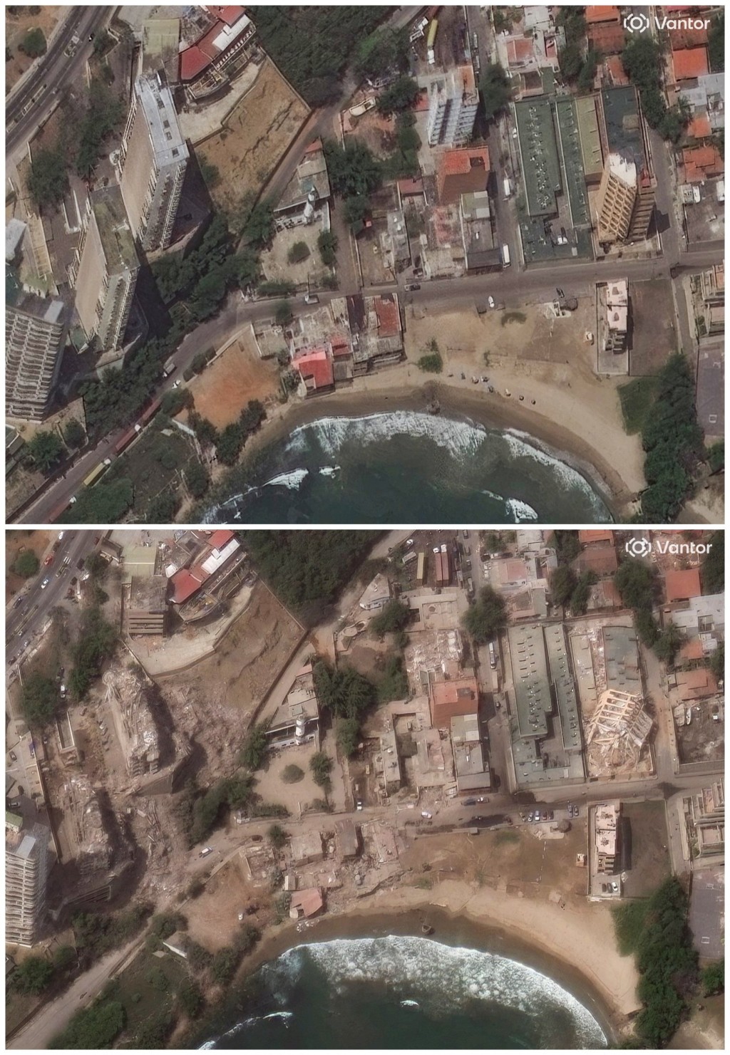 從這張高空對比圖，清晰可見地震後許多樓宇倒塌，面目全非。路透社