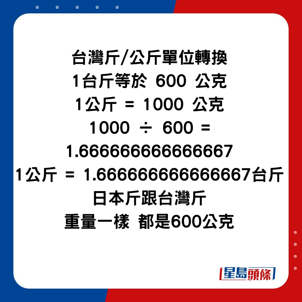 台湾斤/公斤单位转换 1台斤等于 600 公克 1公斤 = 1000 公克 1000 ÷ 600 = 1.666666666666667 1公斤 = 1.666666666666667台斤 日本斤跟台湾斤 重量一样 都是600公克