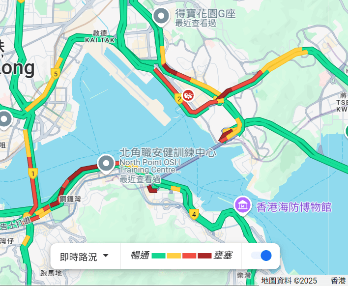 入夜後港九一帶交通仍相當繁忙。Google Map