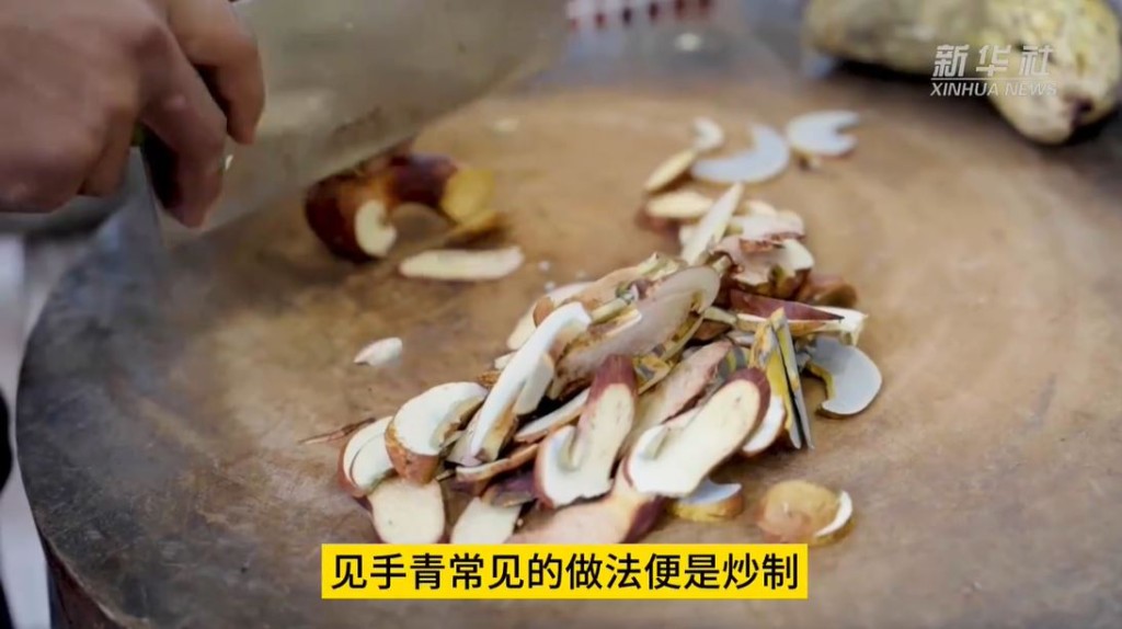 《新華社》亦在微博發短片教導見手青的正確食法。（圖片來源：《新華社》影片截圖）