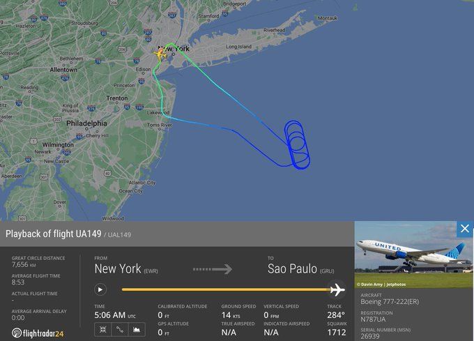 該航班起飛後一過半小時，飛機順利平安返回紐約內華克機場。