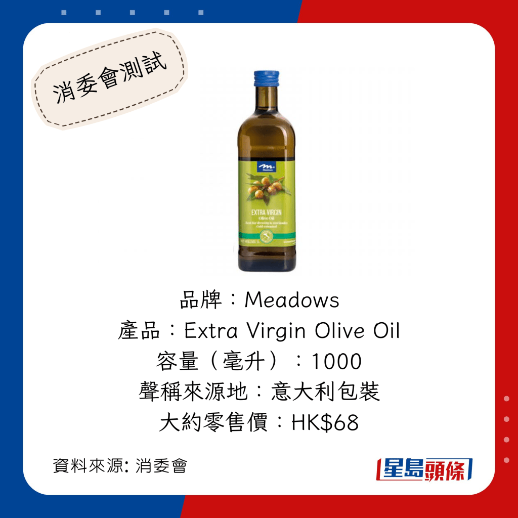 消委會推介安全滿分食油：「Meadows」Extra Virgin Olive Oil