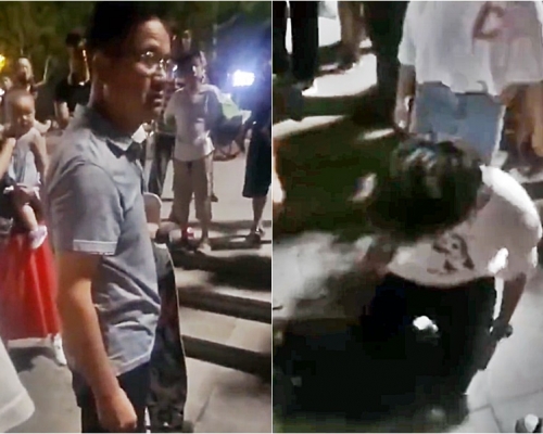 男子(左)沒收少年滑板，最終少年(右)要下跪才可取回。影片截圖