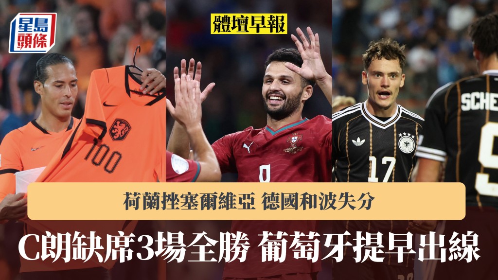 體壇早報｜C朗缺席3場全勝葡萄牙提早出線 荷蘭挫塞爾維亞 德國和波失分。路透社、美聯社