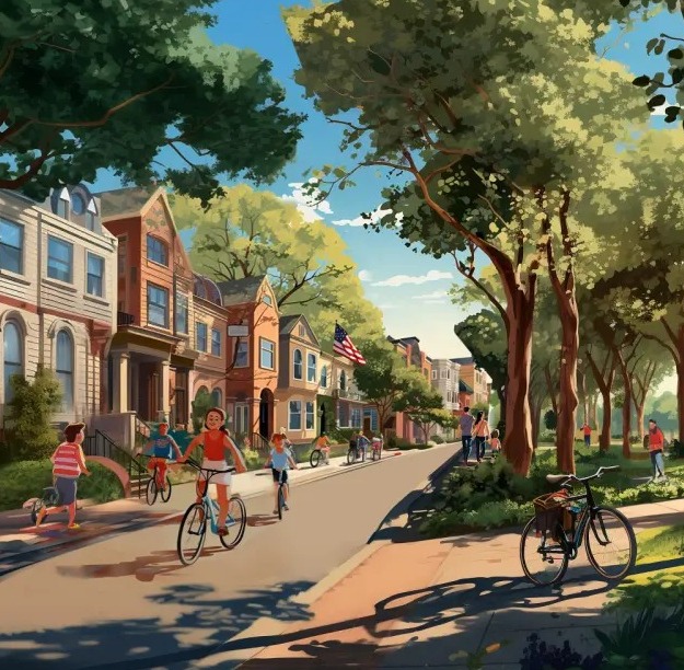 Flannery新设网站上发布的效果图，展示拟建项目中的地中海风格房屋及适合骑单车的社区。网上图片