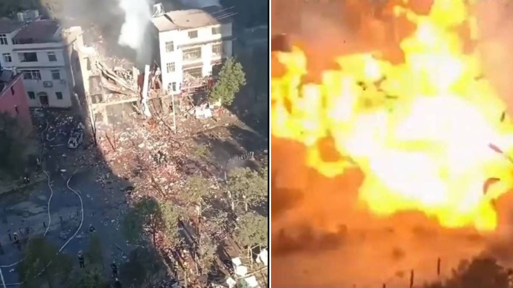 湖南有煙花店起火爆炸，現場如同戰區。抖音＠大風新聞