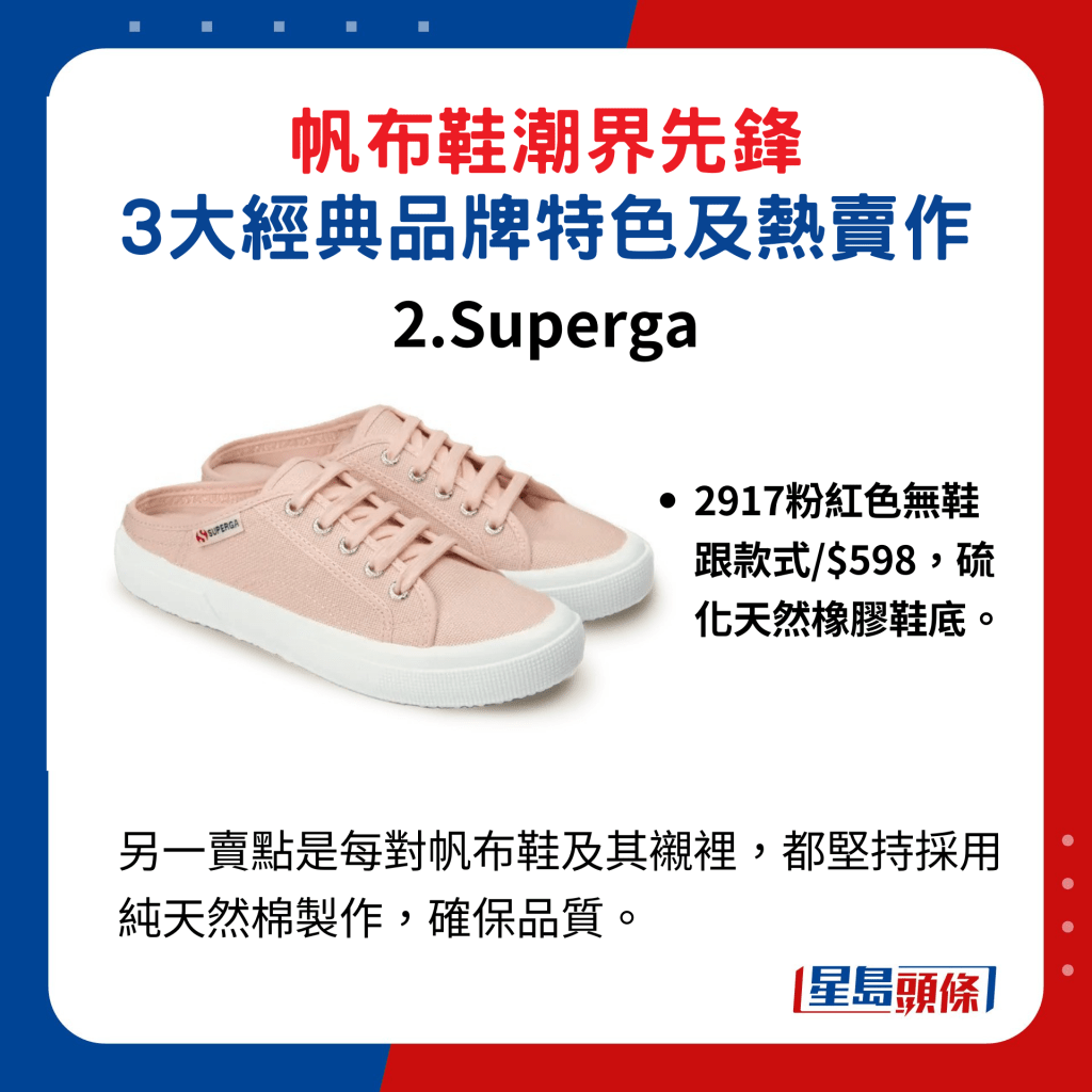 帆布鞋潮界先锋，3大经典品牌特色及热卖作2. Superga：2917粉红色无鞋跟款式/$598，硫化天然橡胶鞋底。