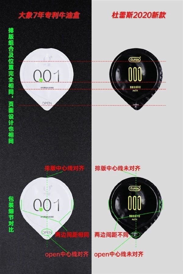 大象安全套指控杜蕾斯「001安全套」的外觀設計及廣告文案涉嫌抄襲。網上圖片