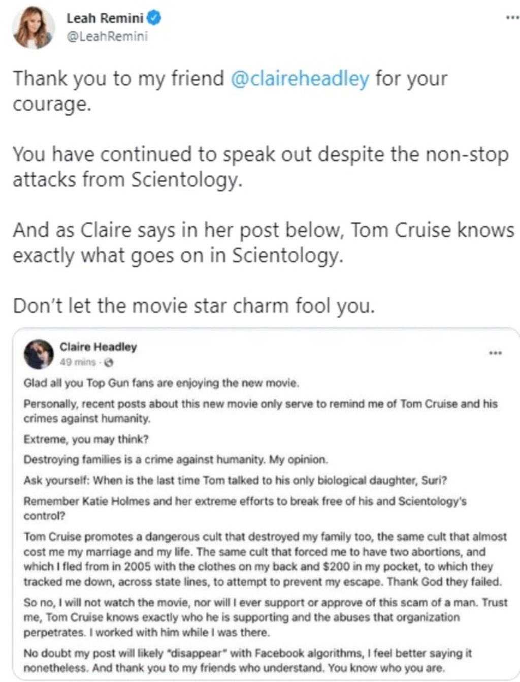 Leah轉貼前科學教派信徒Claire Headley的社交網帖文，指摘湯告魯斯宣揚邪教。