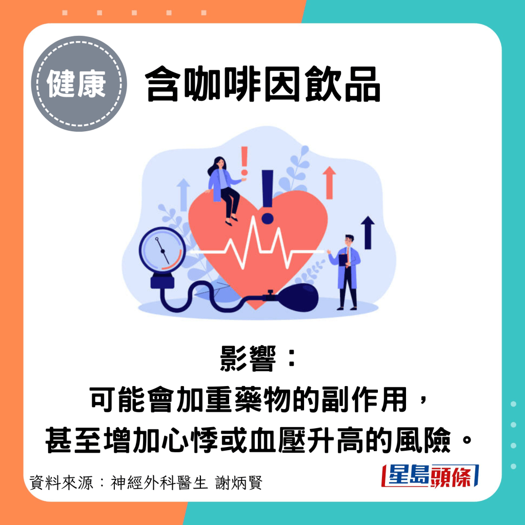 含咖啡因饮品：影响： 可能会加重药物的副作用， 甚至增加心悸或血压升高的风险。