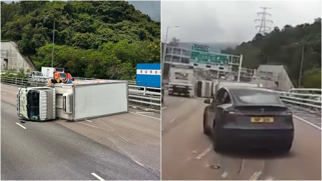 車Cam直擊｜粉嶺公路HKTVmall貨車失控 司機「救車」不果翻側釀兩傷
