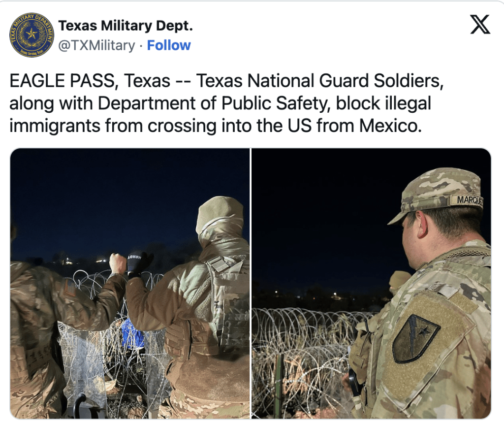 德州軍事部週二發布了士兵在伊格爾帕斯安裝更多鐵絲龬的照。