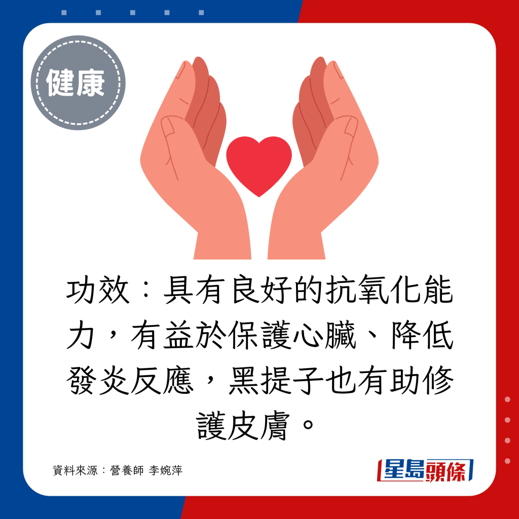 具有良好的抗氧化能力，有益於保護心臟、降低發炎反應，黑提子也有助修護皮膚。