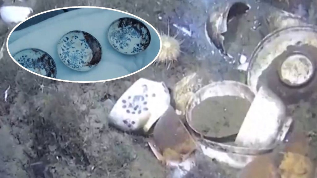 挪威深海現百年沉沒帆船遺骸，打撈大量極罕中國青花瓷。路透社影片截圖