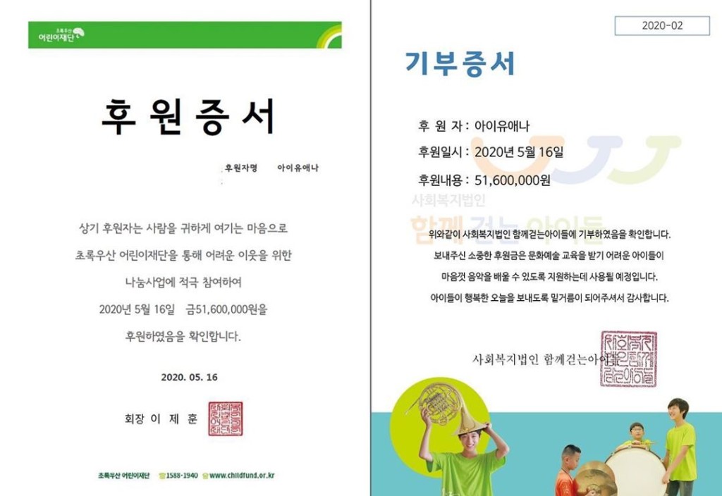 IU捐贈的兩個兒童慈善機構後援證書。