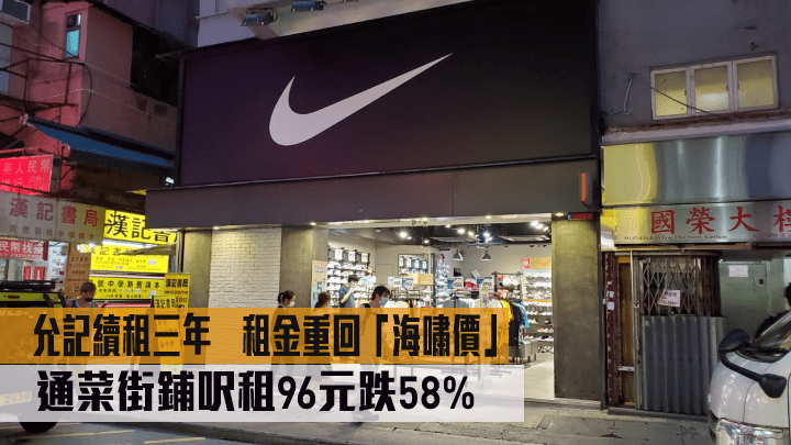 允記體育用品以約25萬續租旺角通菜街街鋪位,租金急挫逾五成。