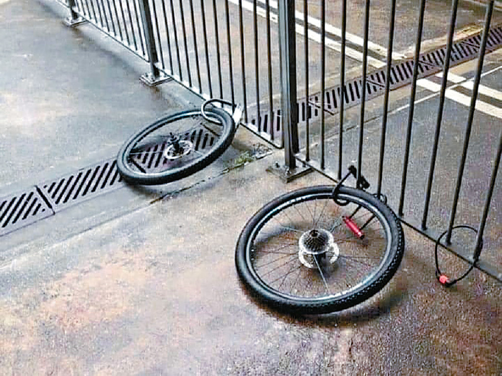 有單車被人「拆骨」後，只剩下兩個車輪在路旁。