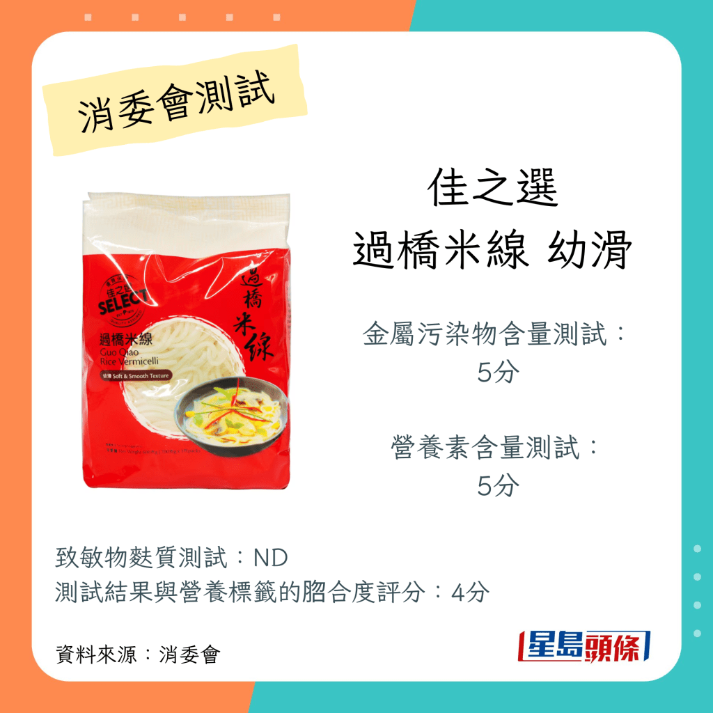 消委會米粉測試｜佳之選過橋米線幼滑 不含金屬污染物鎘、鉻、無機砷、總汞、銻和鉛