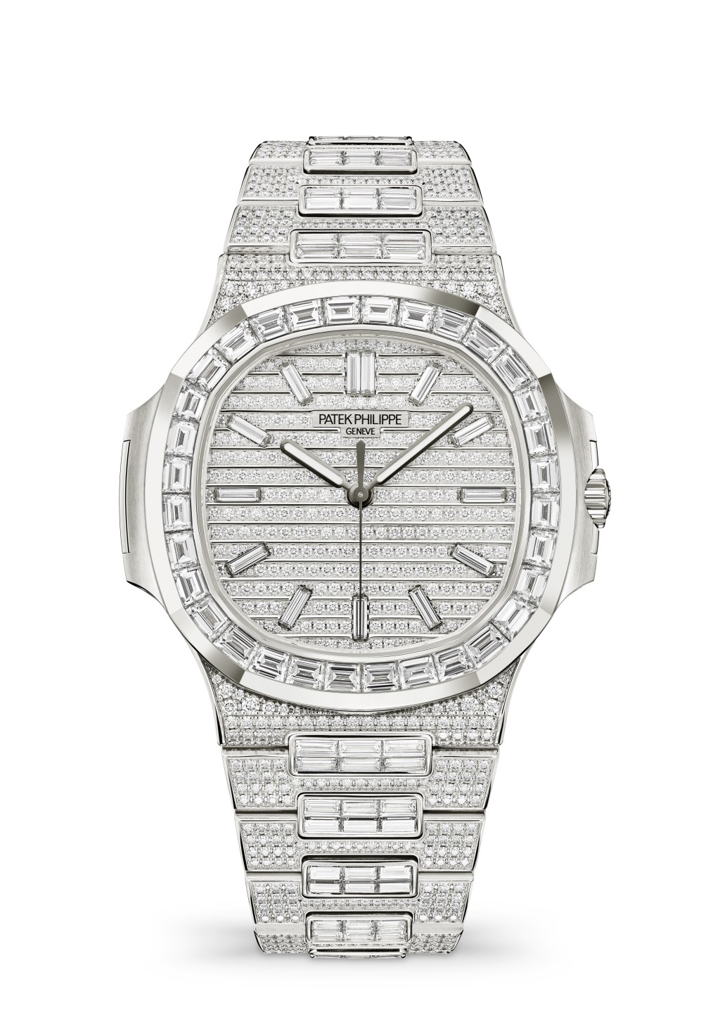 Patek Philippe Nautilus Ref. 5811/1460G-001，表壳：41mm白金/ 机芯：28-330 S自动/ 钻石：1,480颗钻石共重19.70卡/ 售价：$5,1109,00。