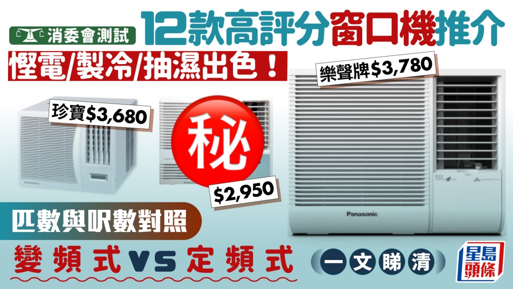 消委會冷氣機推介｜12款窗口機獲高分 慳電/製冷/抽濕同樣出色！詳解變頻式/定頻式/匹數分別 即睇1匹+匹半+3/4匹與呎數對照