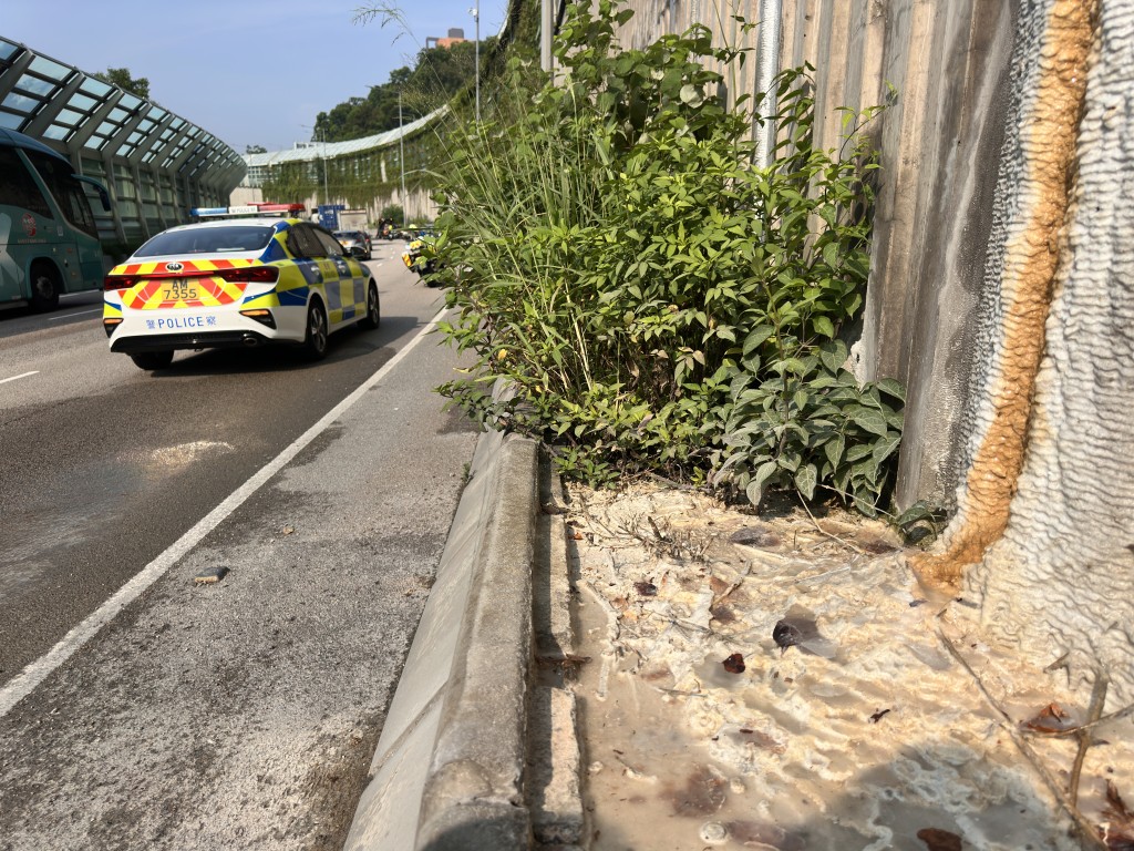 護土牆流出水到路面。梁國峰攝