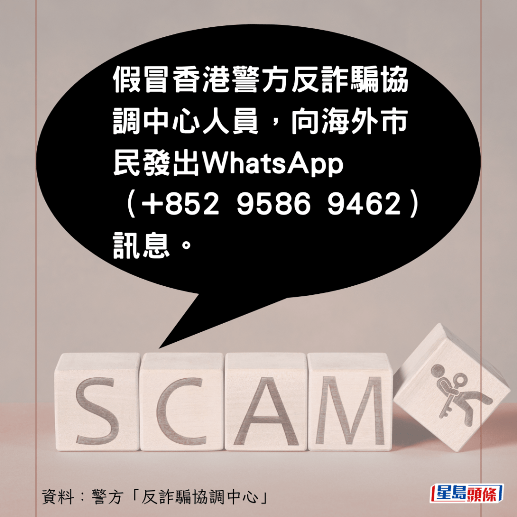 假冒香港警方反詐騙協調中心人員，向海外市民發出WhatsApp（+852 9586 9462）訊息。