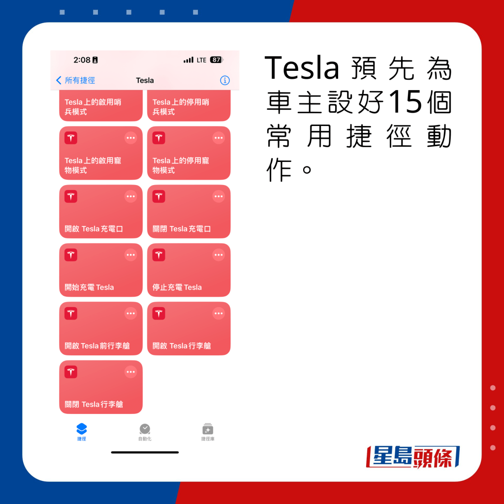 Tesla預先為車主設好15個常用捷徑動作。